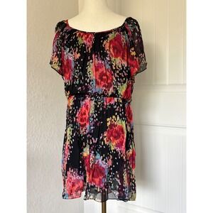 Chiffon Mini Dress Floral Print Tie Back Short Sleeve‎ Black - Size M